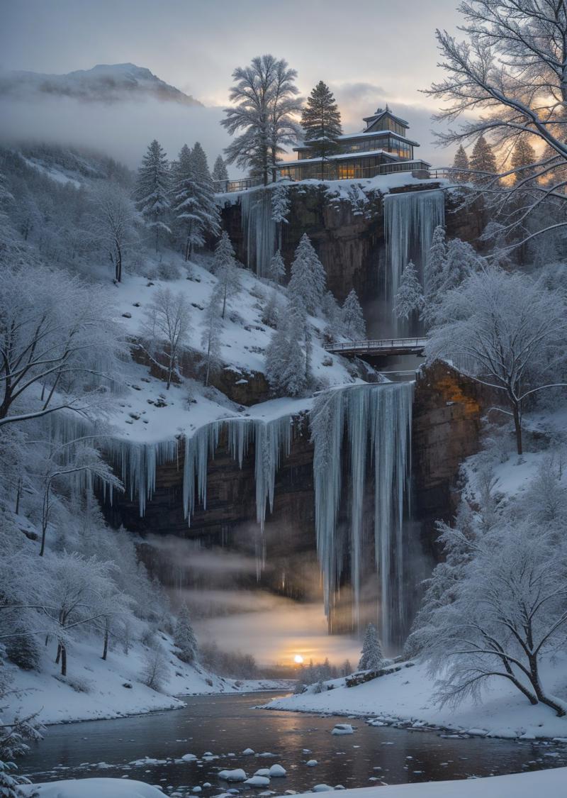 00247-1423236445-((best quality)),((masterpiece)),((realistic)),winter,snowtree,snow,waterfall,lake,river,ice,icetree,wind,falling snow,oldbridge.jpg